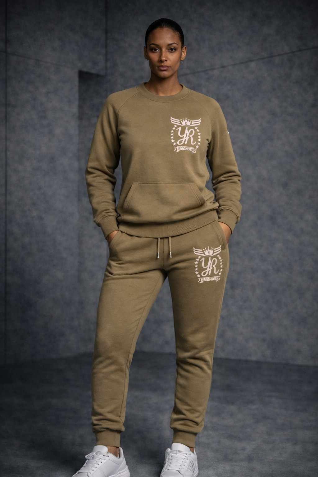 YUNG'N'RICH Crew Neck Tracksuit - Beige front view