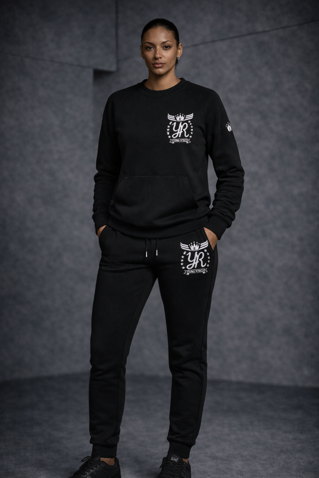 YUNG'N'RICH Funnel Neck Tracksuit - Black front view