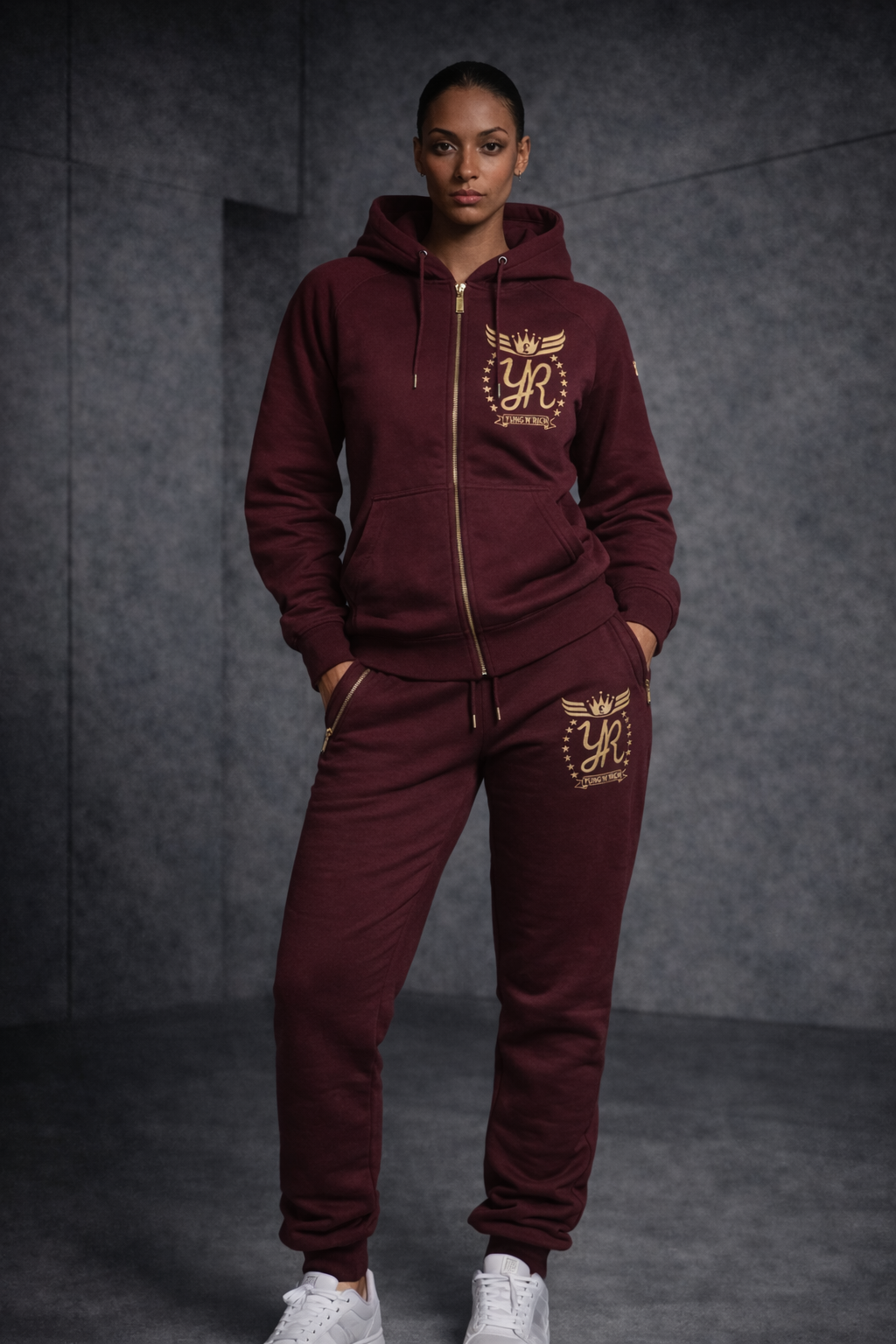 YUNG'N'RICH Gold Edition Tracksuit - Burgundy front view