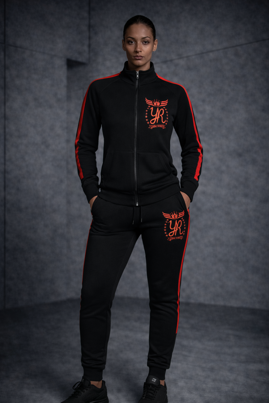 YUNG'N'RICH Women's Funnel Neck Contrast Panel Tracksuit - Black/Red