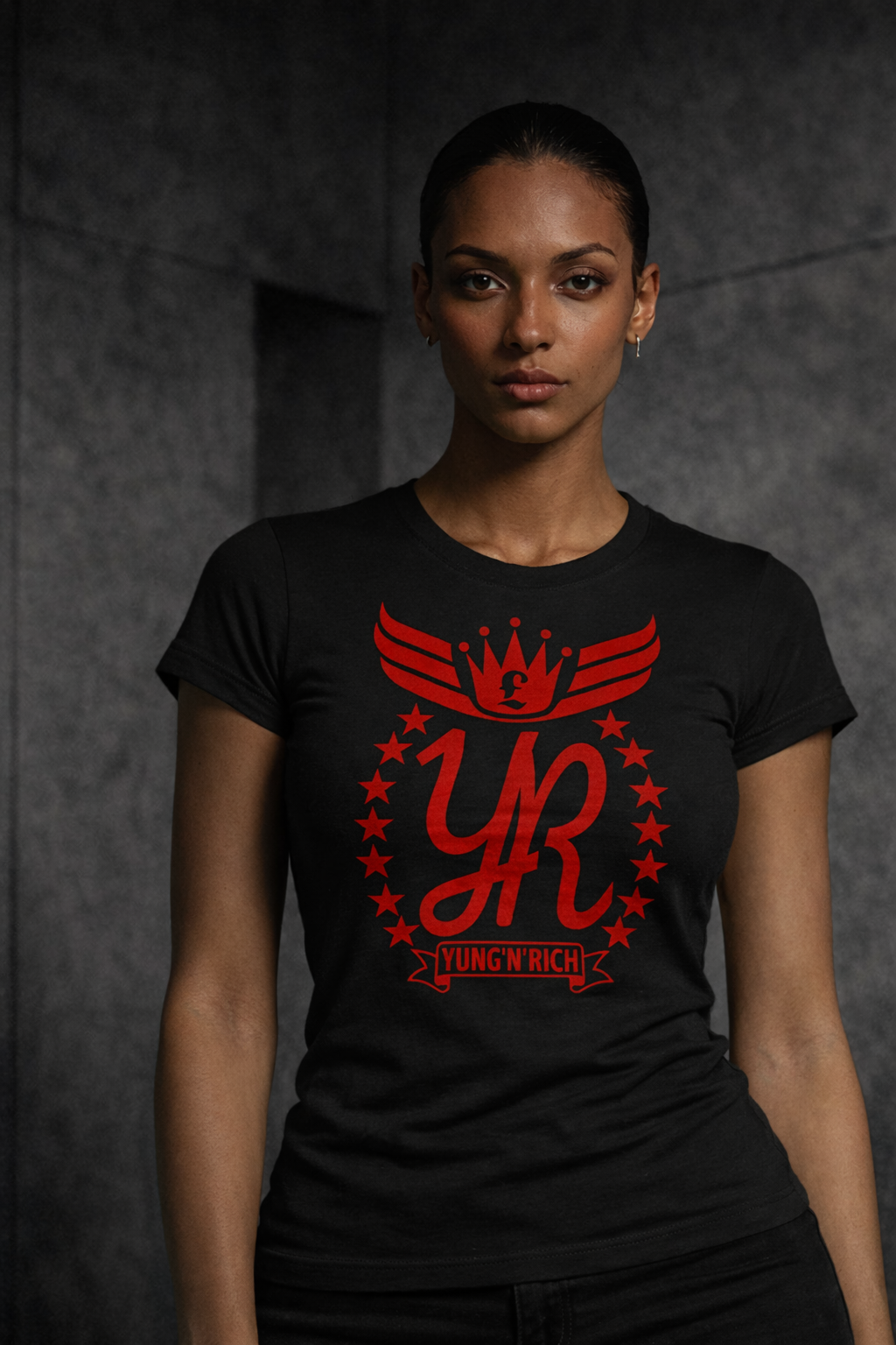 Yung'n'Rich Women's Signature Black T-Shirt with Red Logo