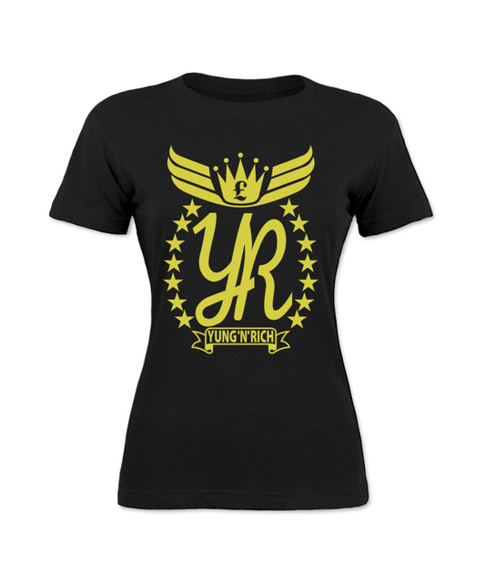 Yung'n'Rich Women's Signature Black T-Shirt with Yellow Yung'n'Rich Logo