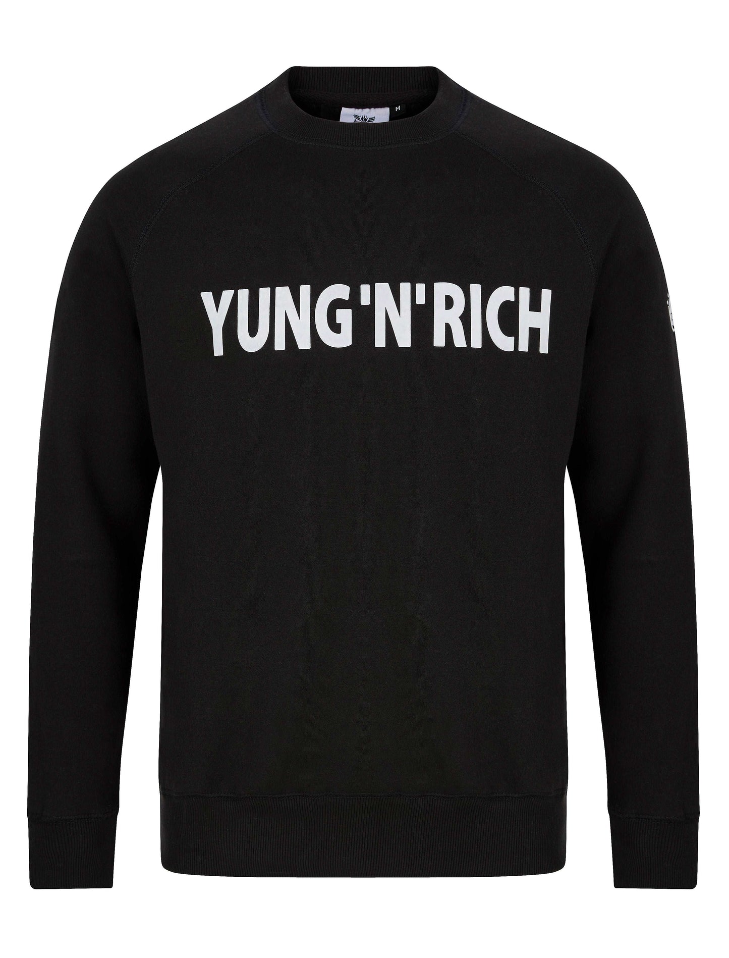 YUNG'N'RICH CREW NECK SWEATSHIRT - colour black with white rubber Yungnrich wording side veiw with white rubber Yungnrich crown