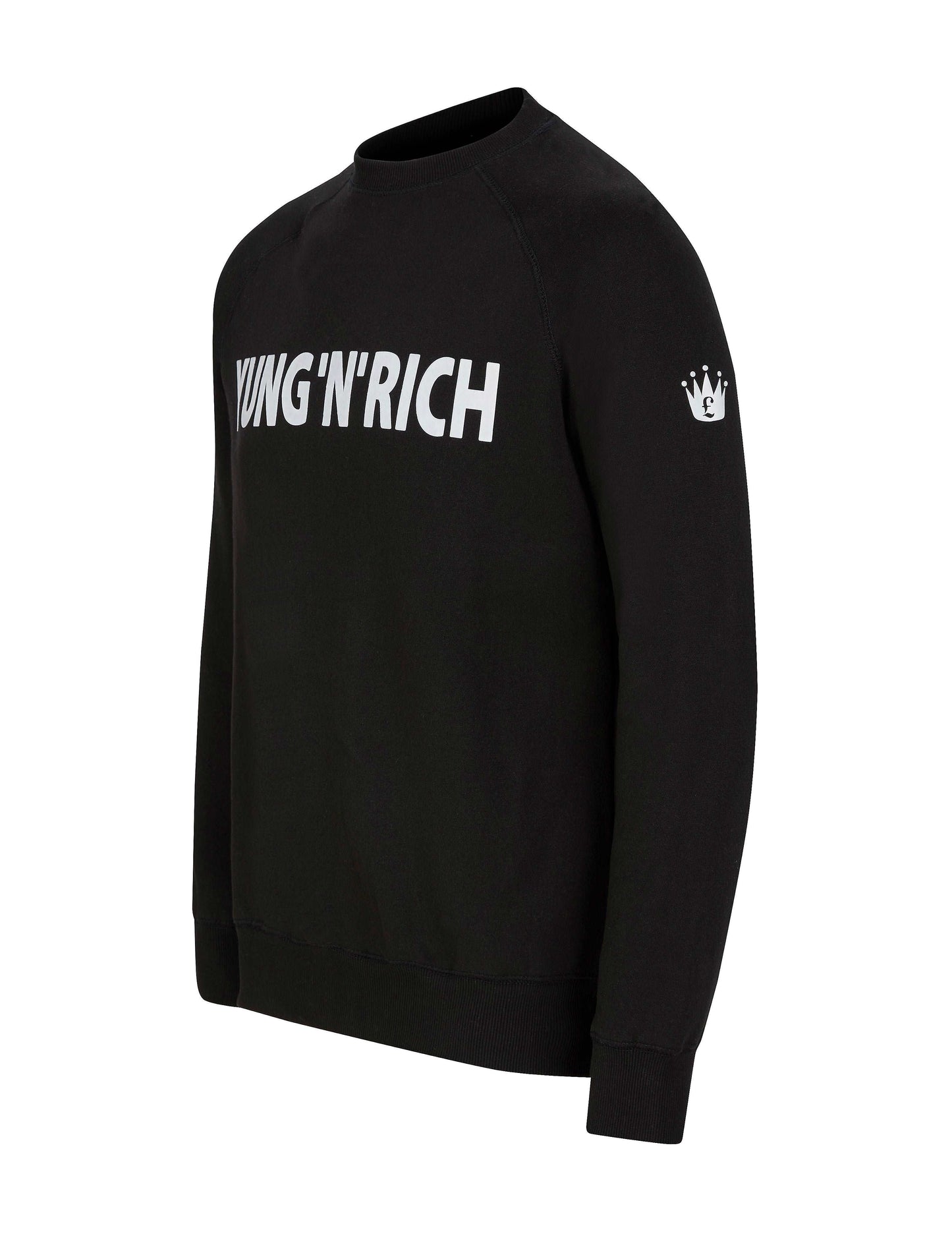 YUNG'N'RICH CREW NECK SWEATSHIRT - colour black with white rubber Yungnrich wording side veiw with white rubber Yungnrich crown