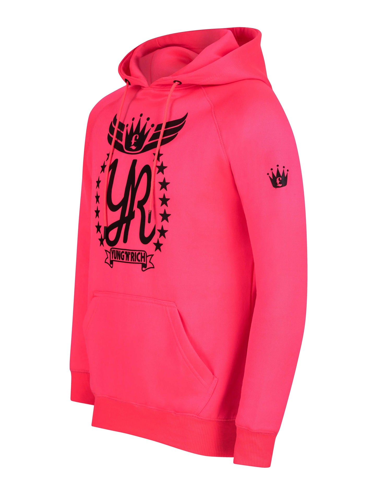 YUNG'N'RICH HOODIE - colour Neon Pink with black rubber Yungnrich logo side view with rubber Yungnrich crown on sleeve 