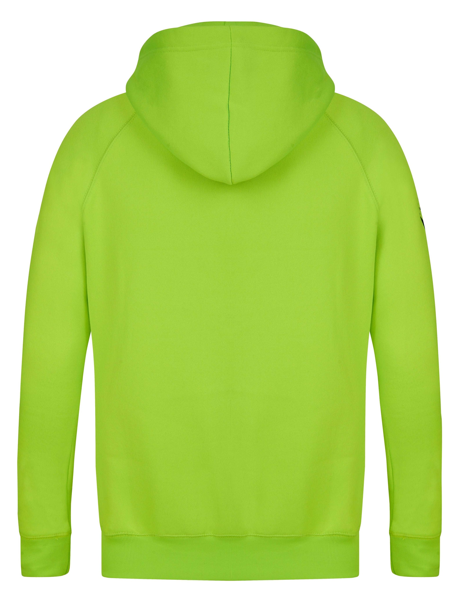 YUNG'N'RICH HOODIE - colour Neon Green with black rubber Yungnrich logo back view 