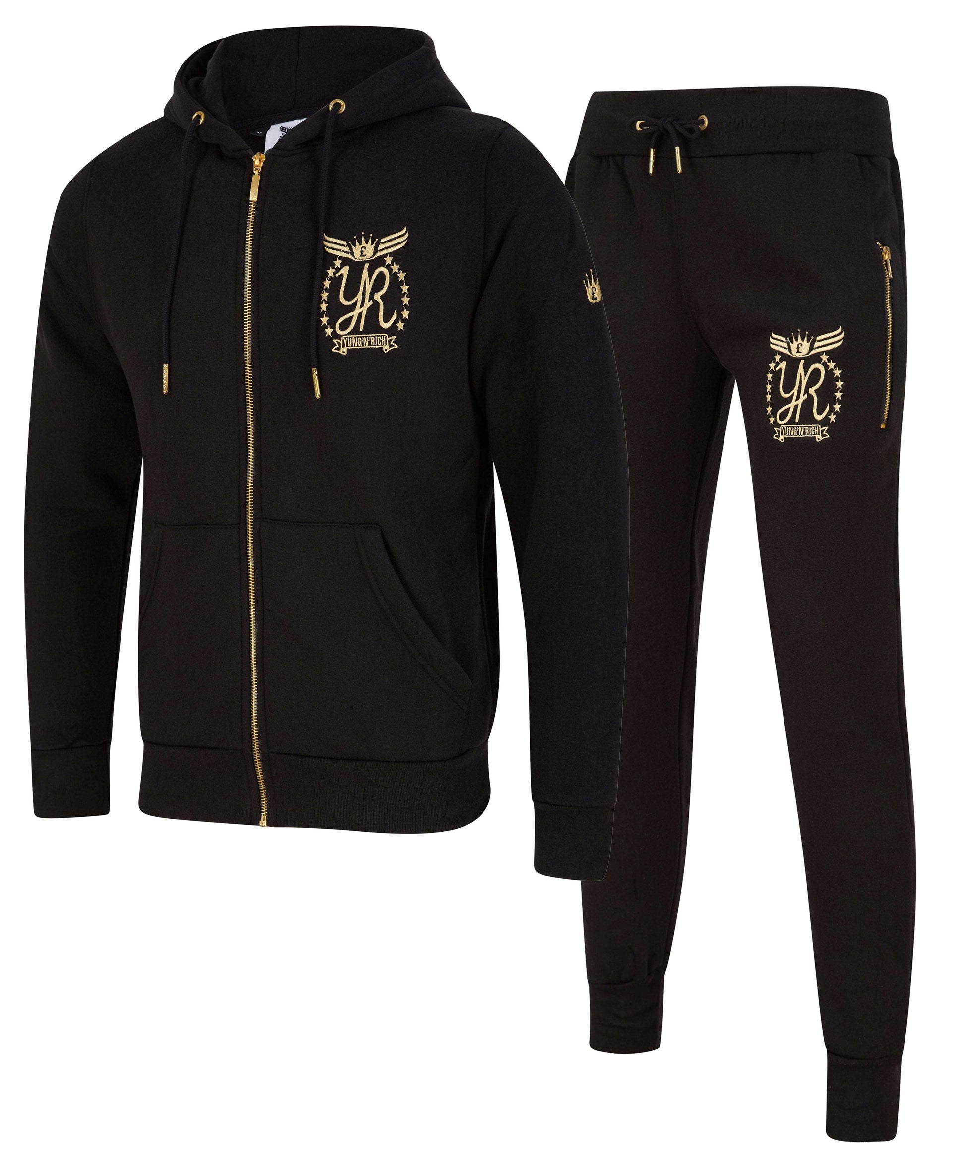 YUNG'N'RICH premium black tracksuit with distinctive gold zipper details. The hoodie and jogger pants set features the iconic 'YR' logo in gold, embellished with wings and a crown, symbolizing the brand's upscale streetwear essence. The elegant design and color scheme reflect the brand's commitment to combining luxury with the casual comfort of street fashion.