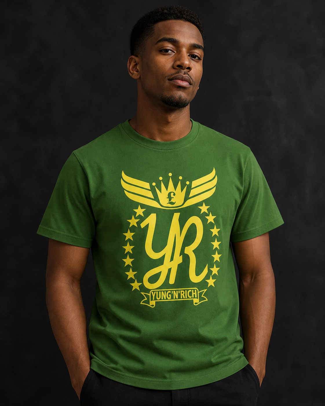 YUNG'N'RICH Men's Signature T-Shirt in green on model