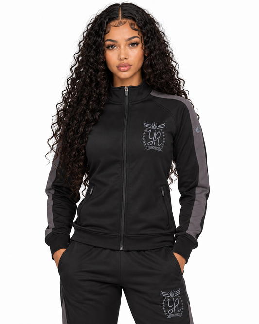 YUNG’N’RICH black and grey track jacket YR crest chest logo close-up