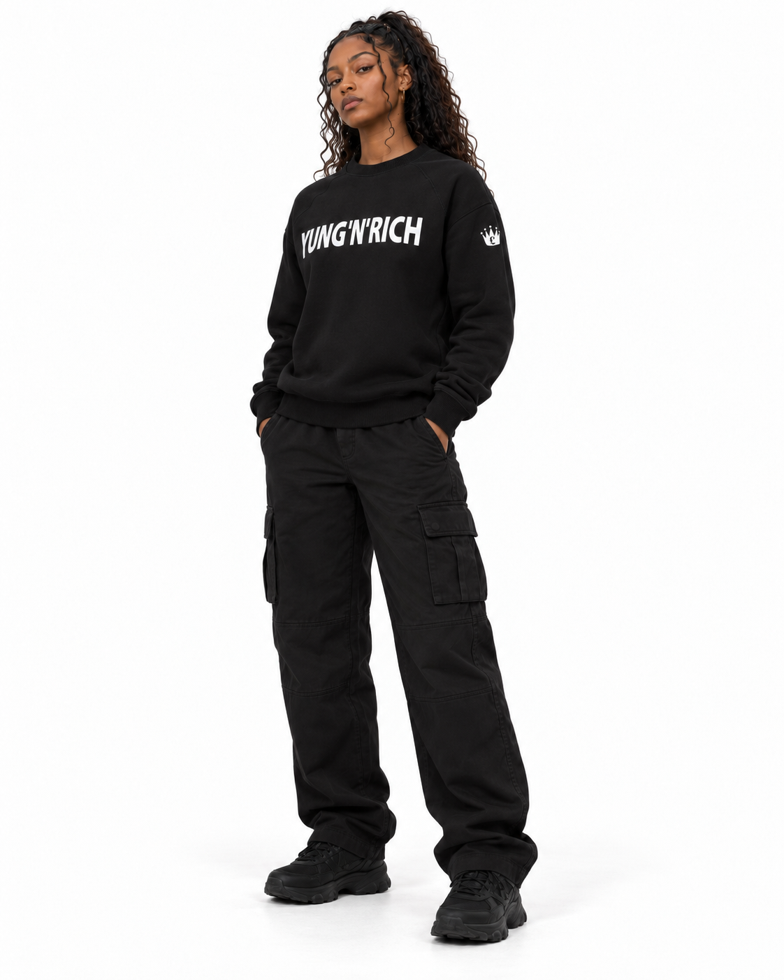 YUNG'N'RICH black women's crewneck jumper on female model, three-quarter view