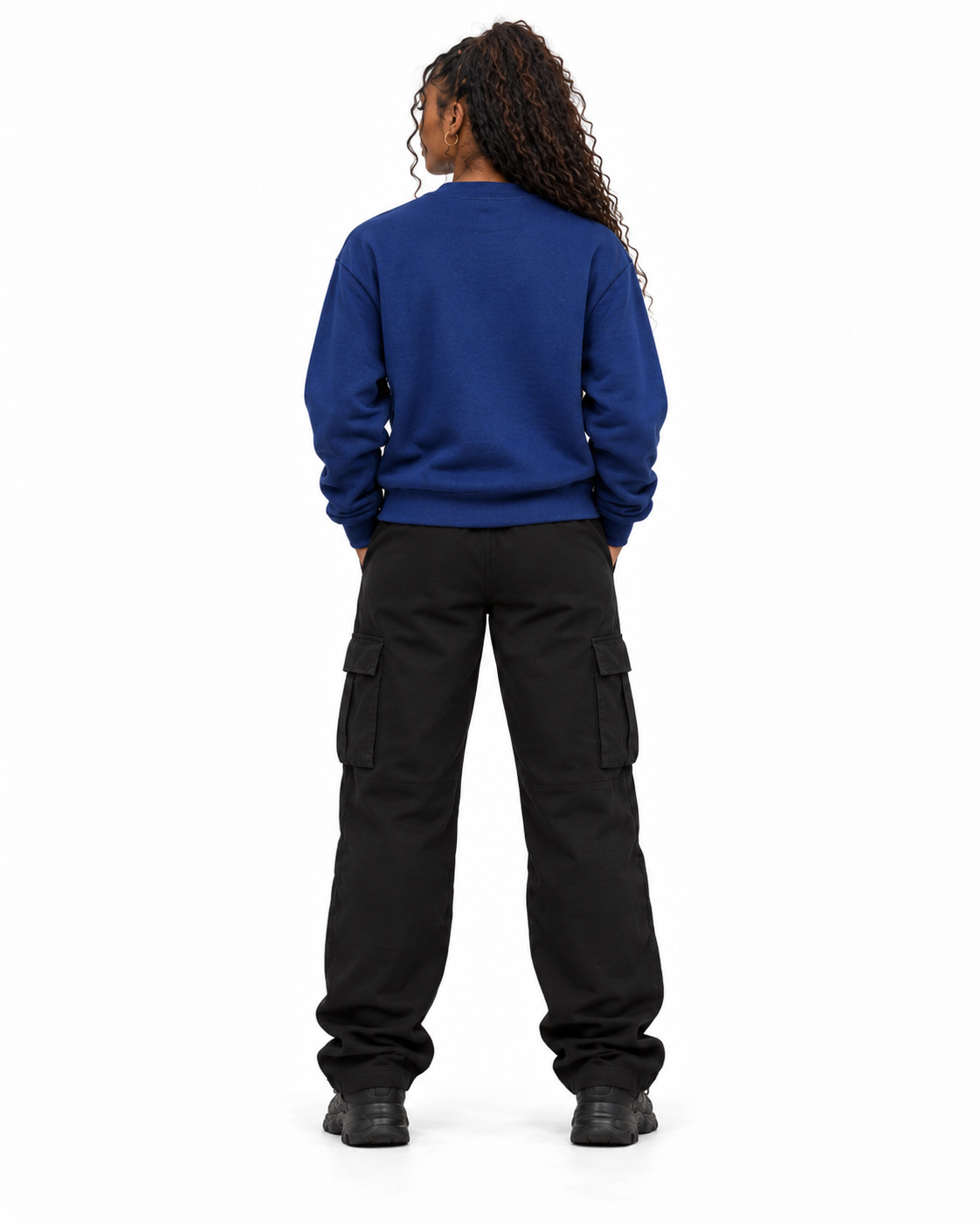 YUNG'N'RICH navy blue women's crewneck jumper on female model, back full-body view