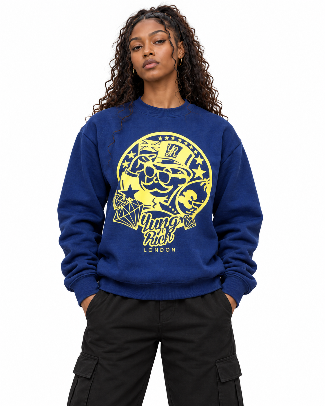 YUNG'N'RICH navy blue women's crewneck jumper on female model, closer front detail view of yellow graphic and branding