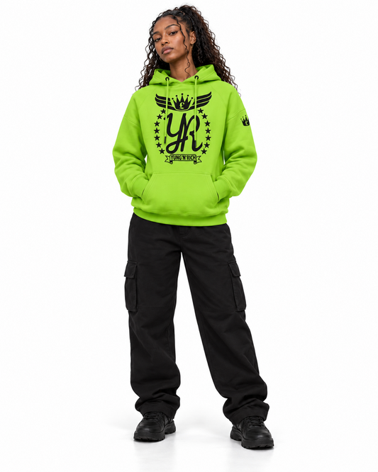 YUNG'N'RICH lime green hoodie on female model, front full-body view