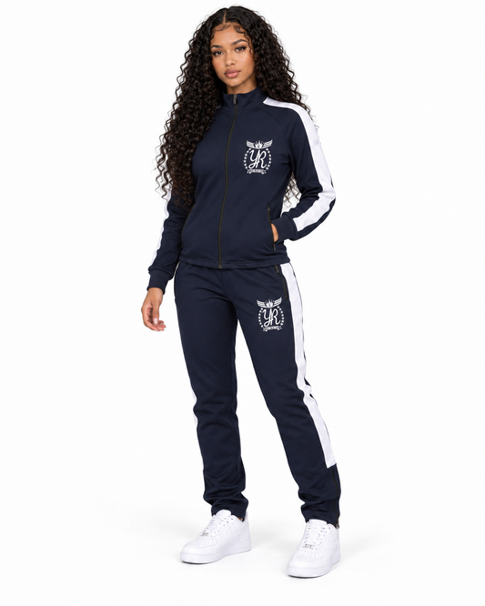 YUNG’N’RICH navy blue and white women’s tracksuit three-quarter front view