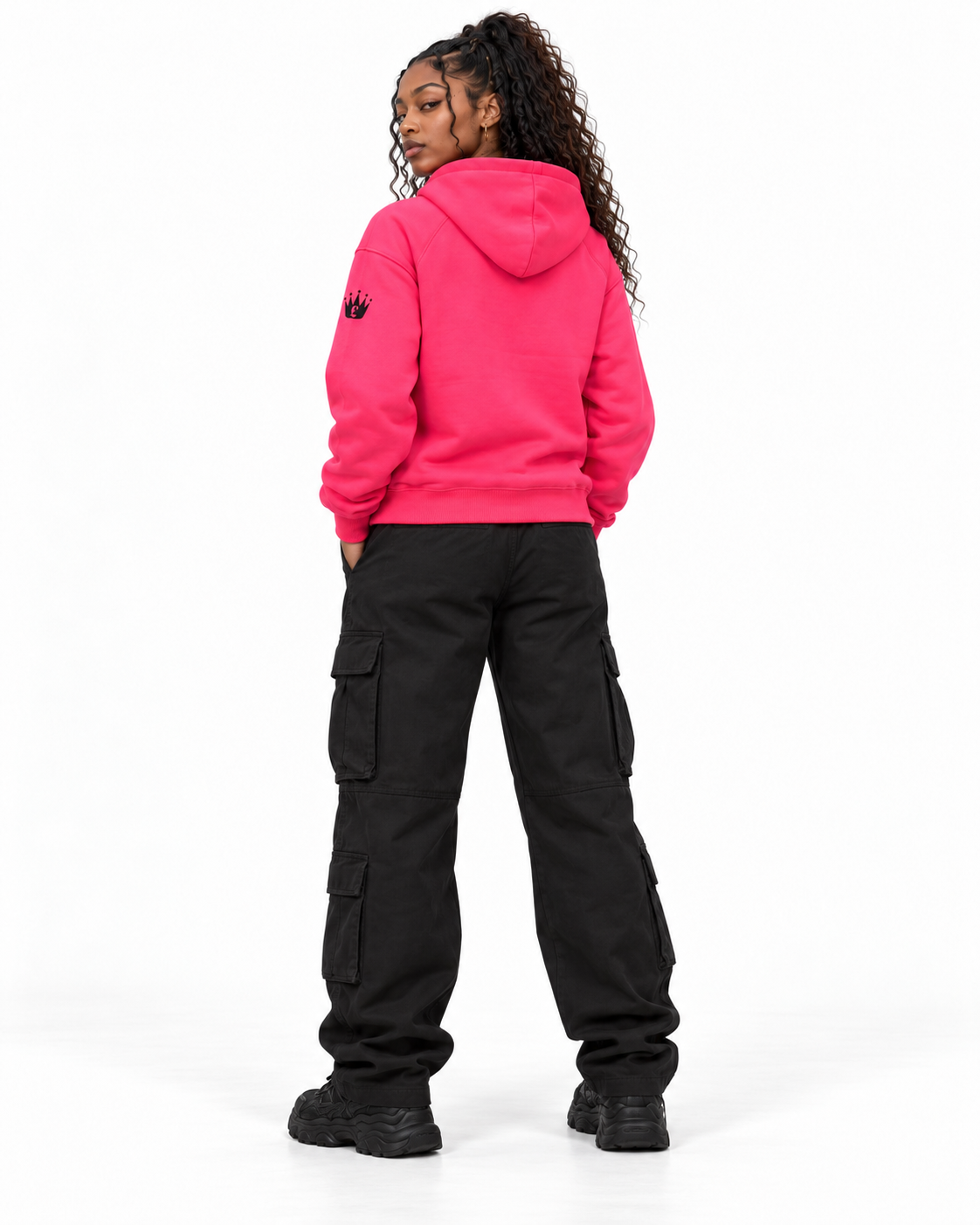 YUNG'N'RICH neon pink women's pullover hoodie on female model, back full-body view