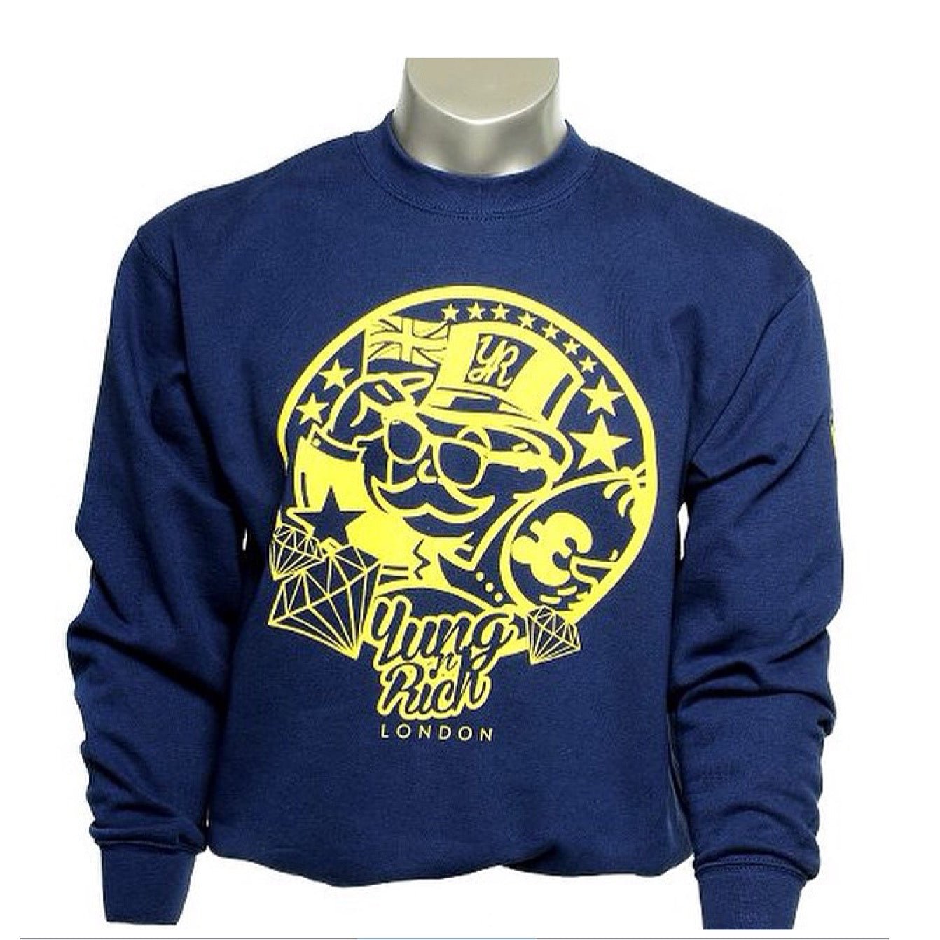 Navy blue sweatshirt with yellow graphic design on a mannequin against a white background