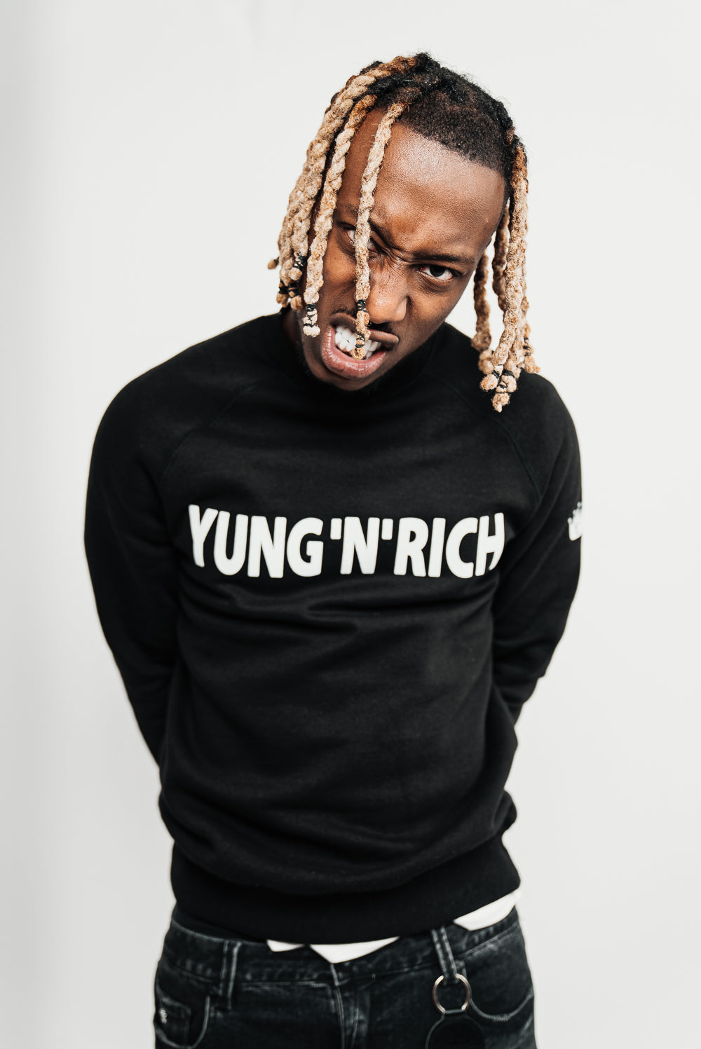 YUNG'N'RICH CREW NECK SWEATSHIRT - colour black with white rubber Yungnrich wording side veiw with white rubber Yungnrich crown