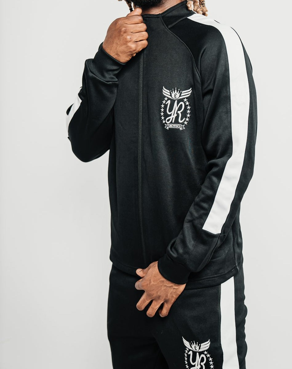 Yung'n'rich Funnel Neck Contrast Panel Black Tracksuit White Pin Stripe