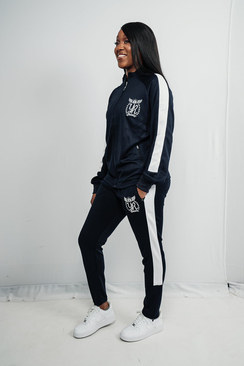 YUNGNRICH WOMENS FUNNEL NECK CONTRAST PANEL TRACKSUIT BLUE & WHITE