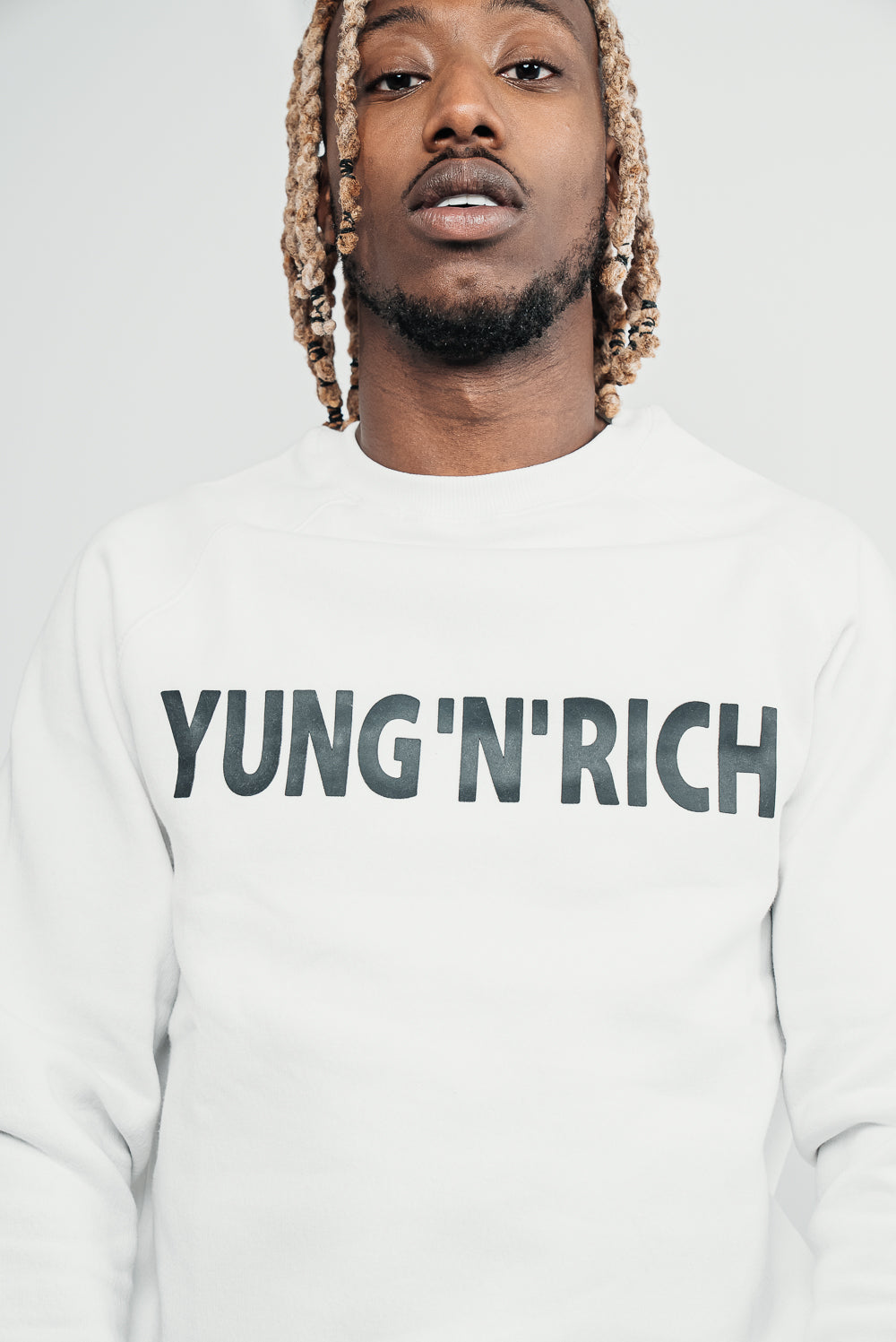 YUNG'N'RICH CREW NECK SWEATSHIRT male - colour white with black rubber Yungnrich wording  with black rubber Yungnrich crown