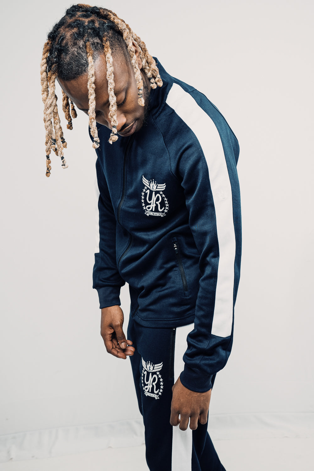 YUNGNRICH MEN'S FUNNEL NECK CONTRAST PANEL TRACKSUIT BLUE & WHITE