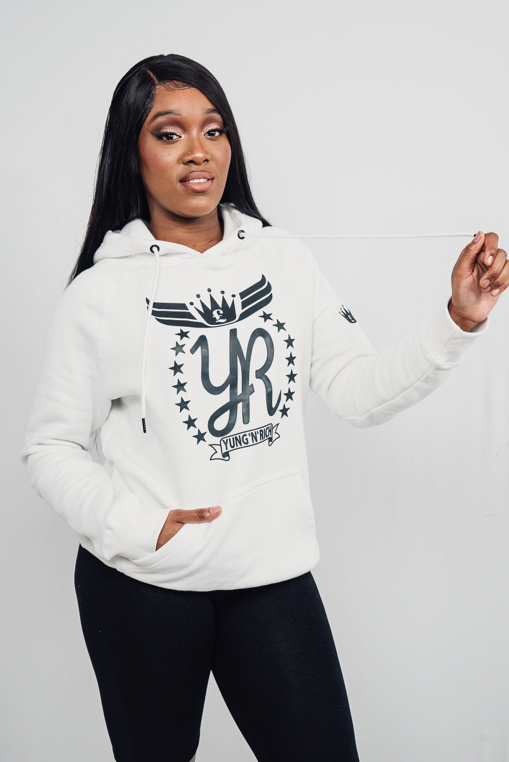 YUNG'N'RICH HOODIE - colour white with black rubber Yungnrich logo side veiw with black rubber Yungnrich crown