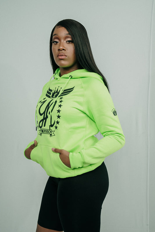 YUNG'N'RICH HOODIE - colour Neon Green with black rubber Yungnrich logo