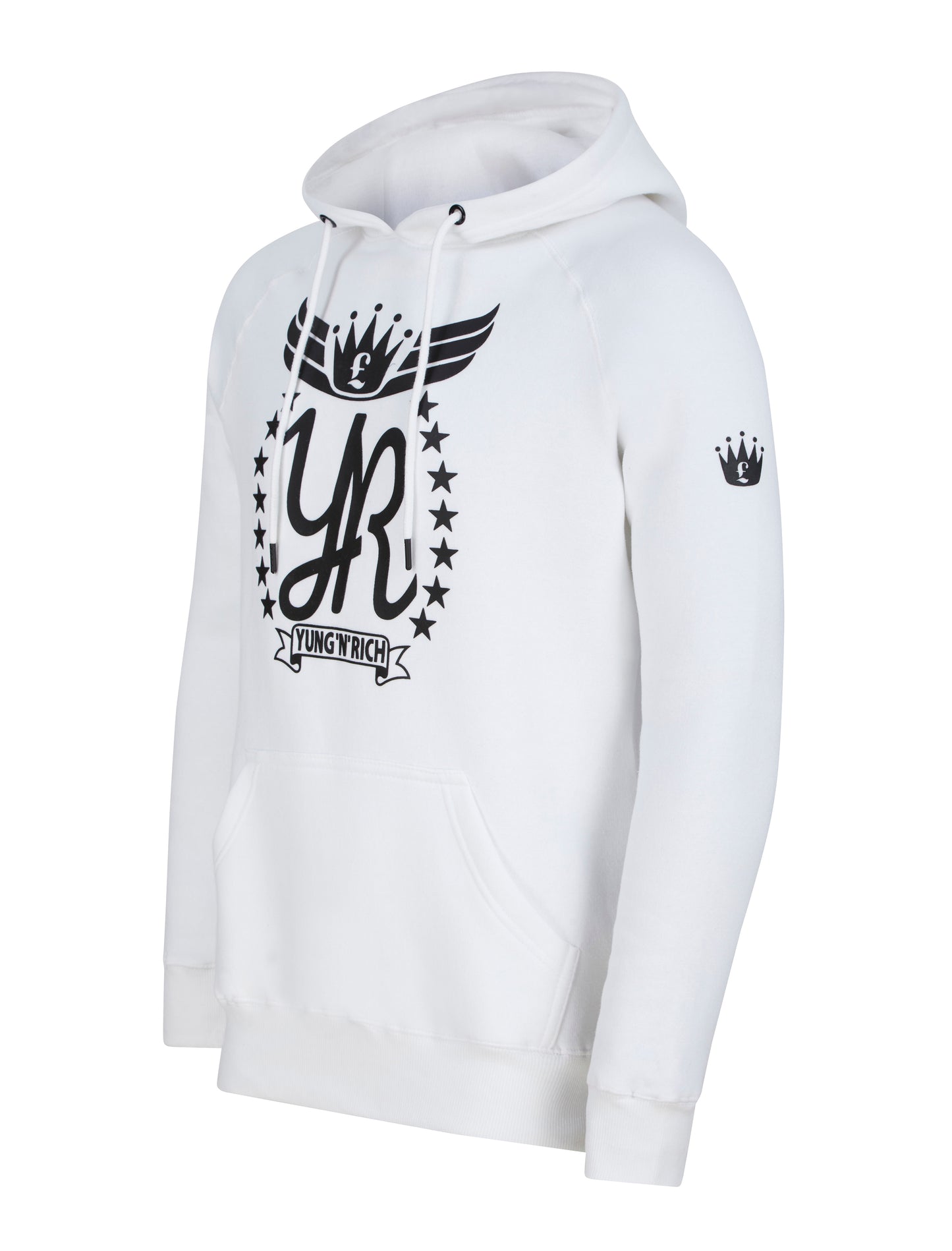 YUNG'N'RICH Hoodie White side view with crown on sleeve 