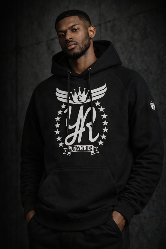 black crest pullover hoodie YungNRich London streetwear 2026