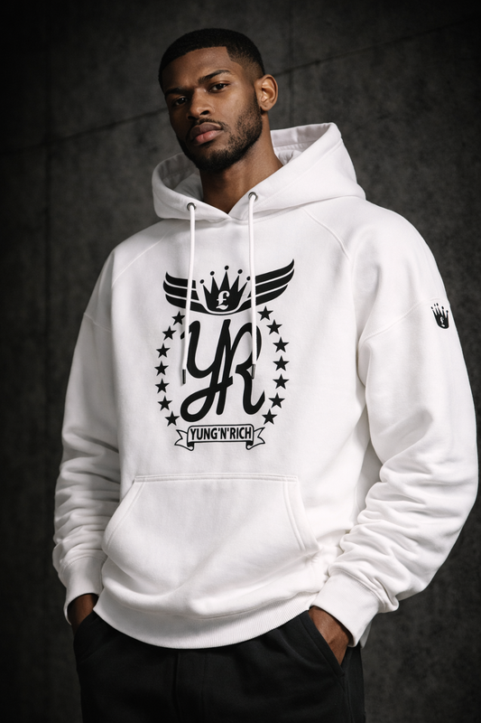 white pullover hoodie YungNRich London streetwear 2026