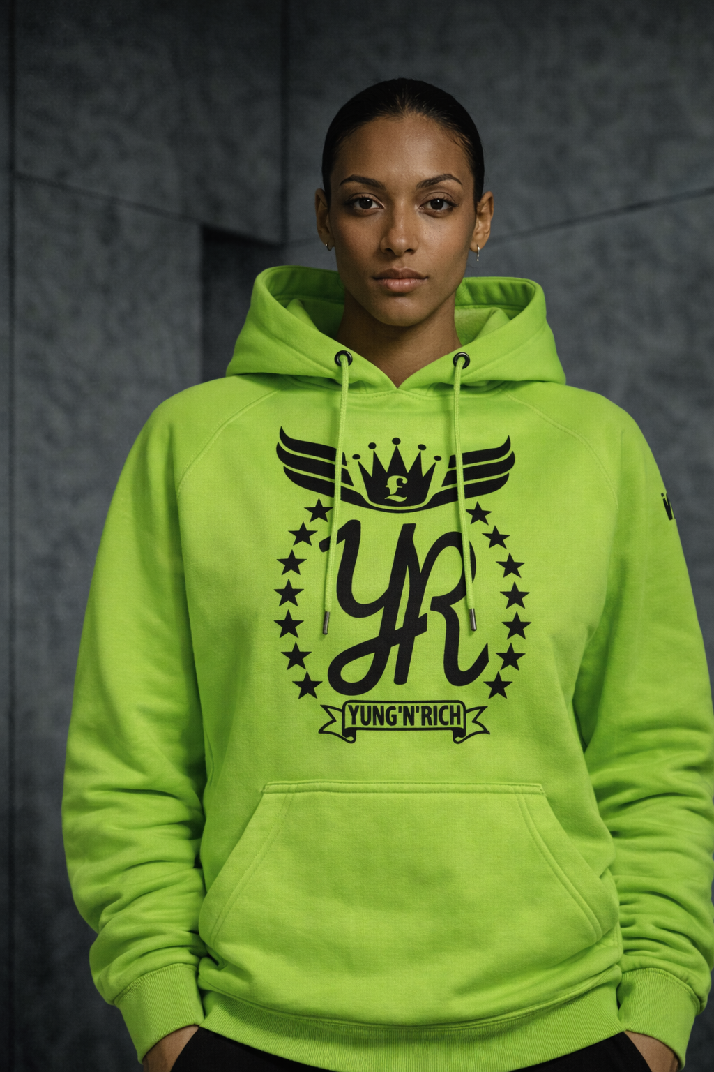 Neon Glow: Yung'n'Rich Lime Green Crest Hoodie – Street Luxe Series