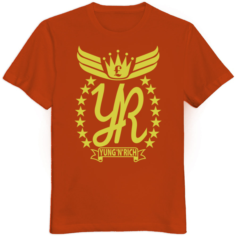  Yung'n'Rich Crew Neck T-Shirt in vibrant orange with a striking yellow winged crown logo print.