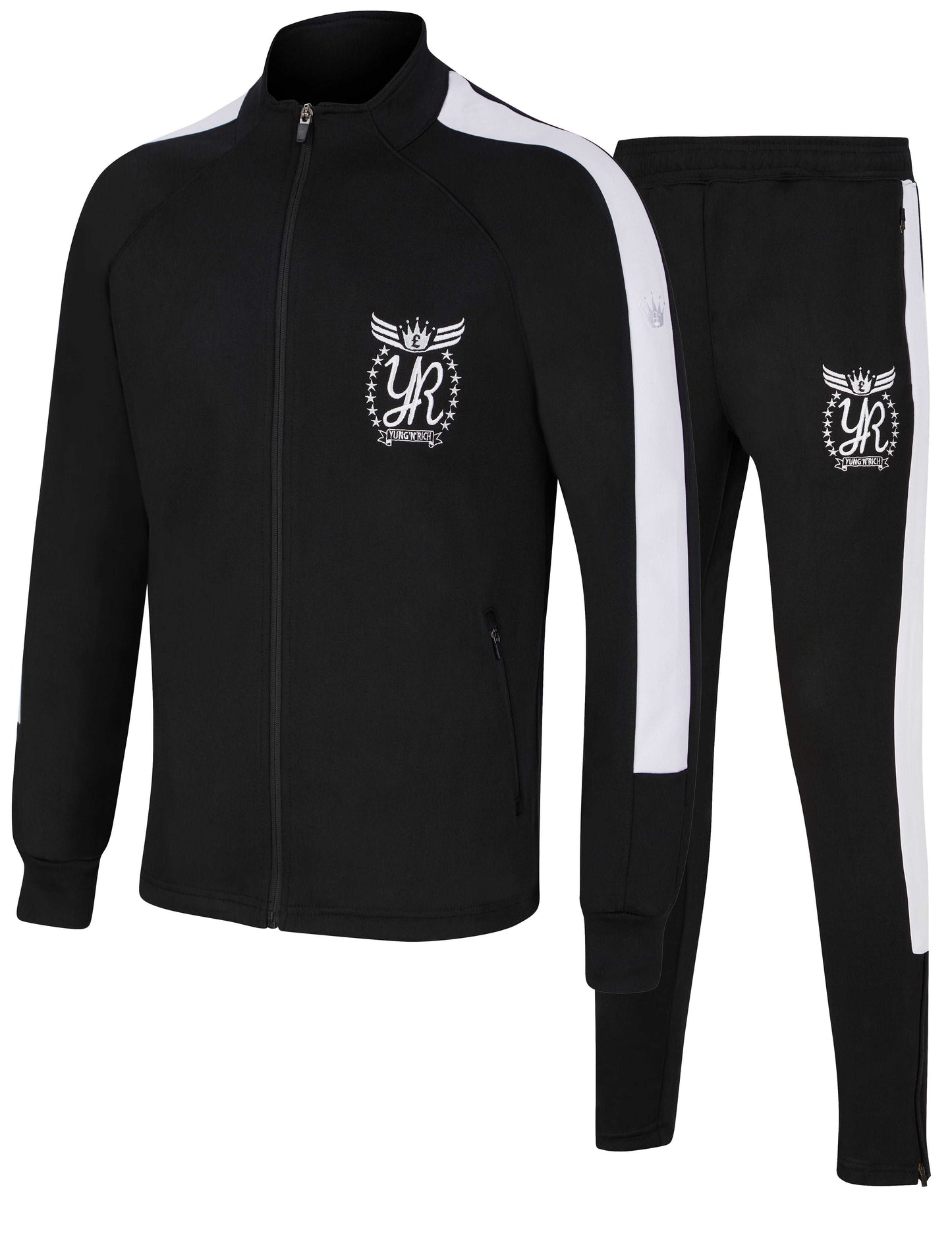 Yung'n'rich Funnel Neck Contrast Panel Black Tracksuit White Pin Stripe Apparel & Accessories > Clothing > Tracksuit > Skinny Fit > Fashion Tracksuit > Skinny Slim > Fit Joggers