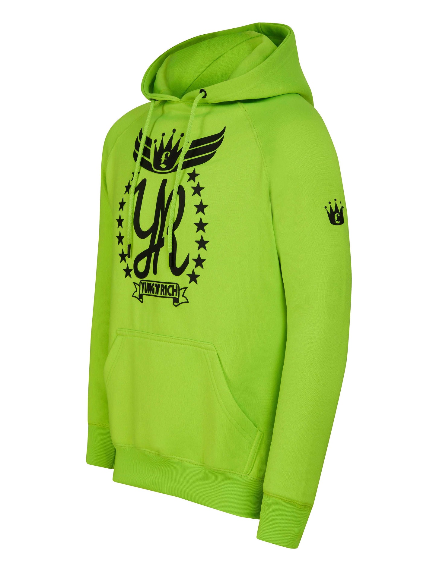 YUNG'N'RICH HOODIE - colour Neon Green with black rubber Yungnrich logo side view