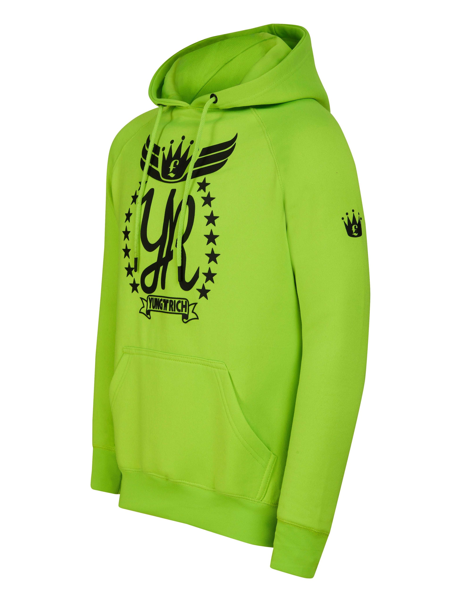 side view crown on left arm Yungnrich illuminous Green Hoodie Jumper Black Logo  Apparel & Accessories > Clothing > hoodie > jumper
