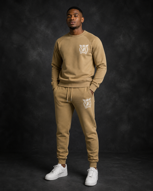 YUNG'N'RICH Crew Neck Tracksuit in khaki on model