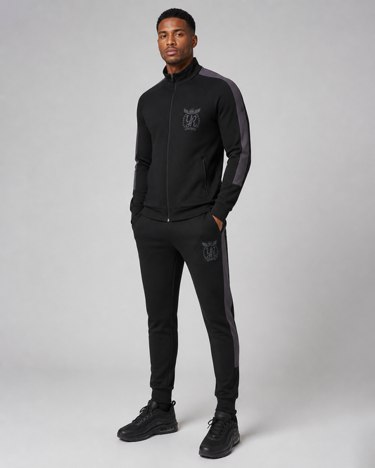 YUNG'N'RICH Men's Funnel Neck Tracksuit in black and grey on model