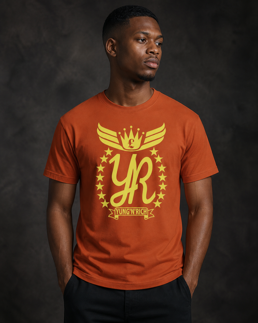 YUNG'N'RICH Men's Crew Neck T-Shirt in orange on model