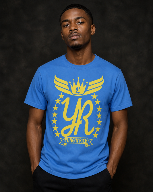 YUNG'N'RICH Men's Signature T-Shirt in blue on model