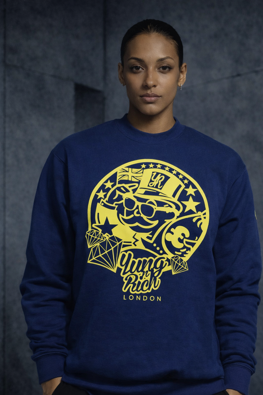 Female wearing a blue sweatshirt with yellow graphic design and text.