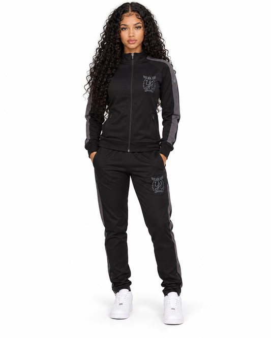 YUNG’N’RICH black and grey women’s zip tracksuit front full-body view