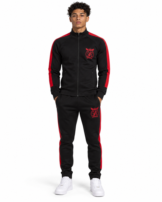 YUNG’N’RICH black and red men’s slim-fit tracksuit front full-body view