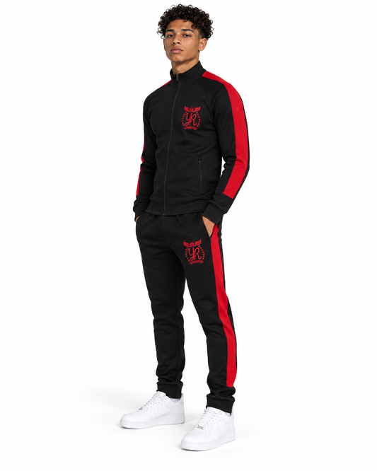 YUNG’N’RICH black and red men’s slim-fit tracksuit three-quarter front view