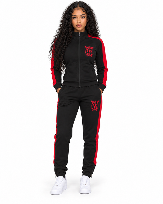 YUNG’N’RICH black and red women’s zip tracksuit front full-body view