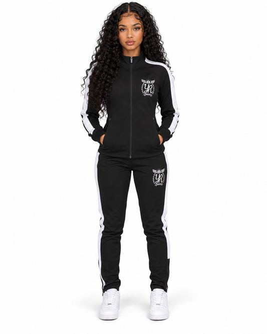 YUNG’N’RICH black and white women’s zip tracksuit front full-body view