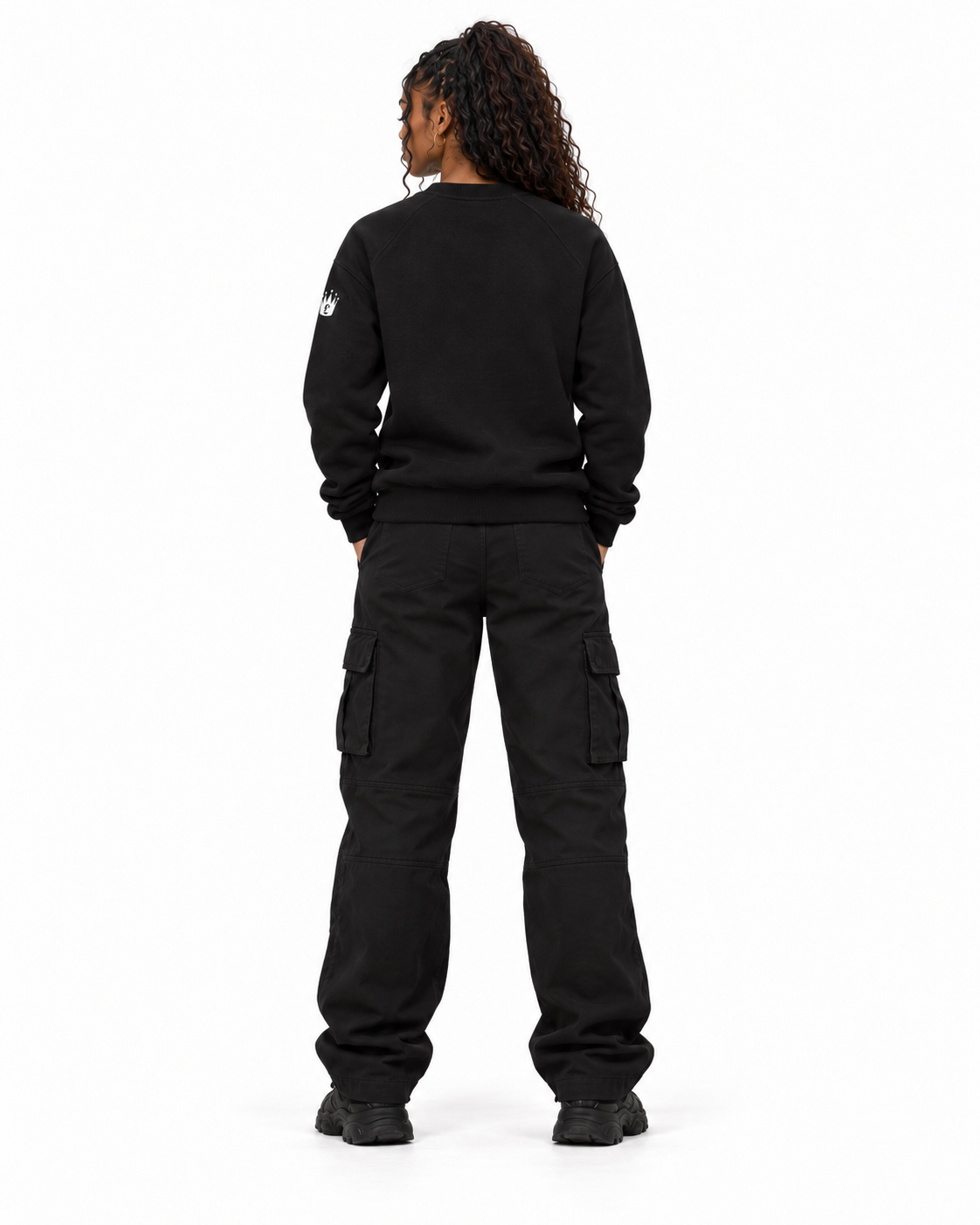 YUNG'N'RICH black women's crewneck jumper on female model, back full-body view