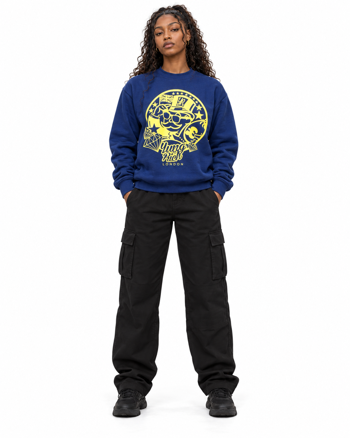 YUNG'N'RICH navy blue women's crewneck jumper with yellow graphic on female model, front full-body view