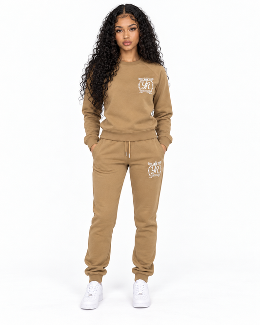 YUNG’N’RICH camel women’s crew neck tracksuit front full-body view