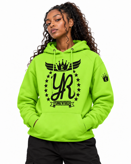 YUNG'N'RICH lime green women's pullover hoodie on female model, close front view showing chest logo, hood and sleeve branding