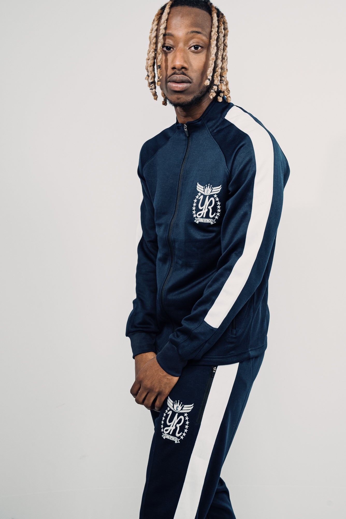 Yung'n'Rich Men's Funnel Neck Contrast Panel Stripe Tracksuit - Blue & White